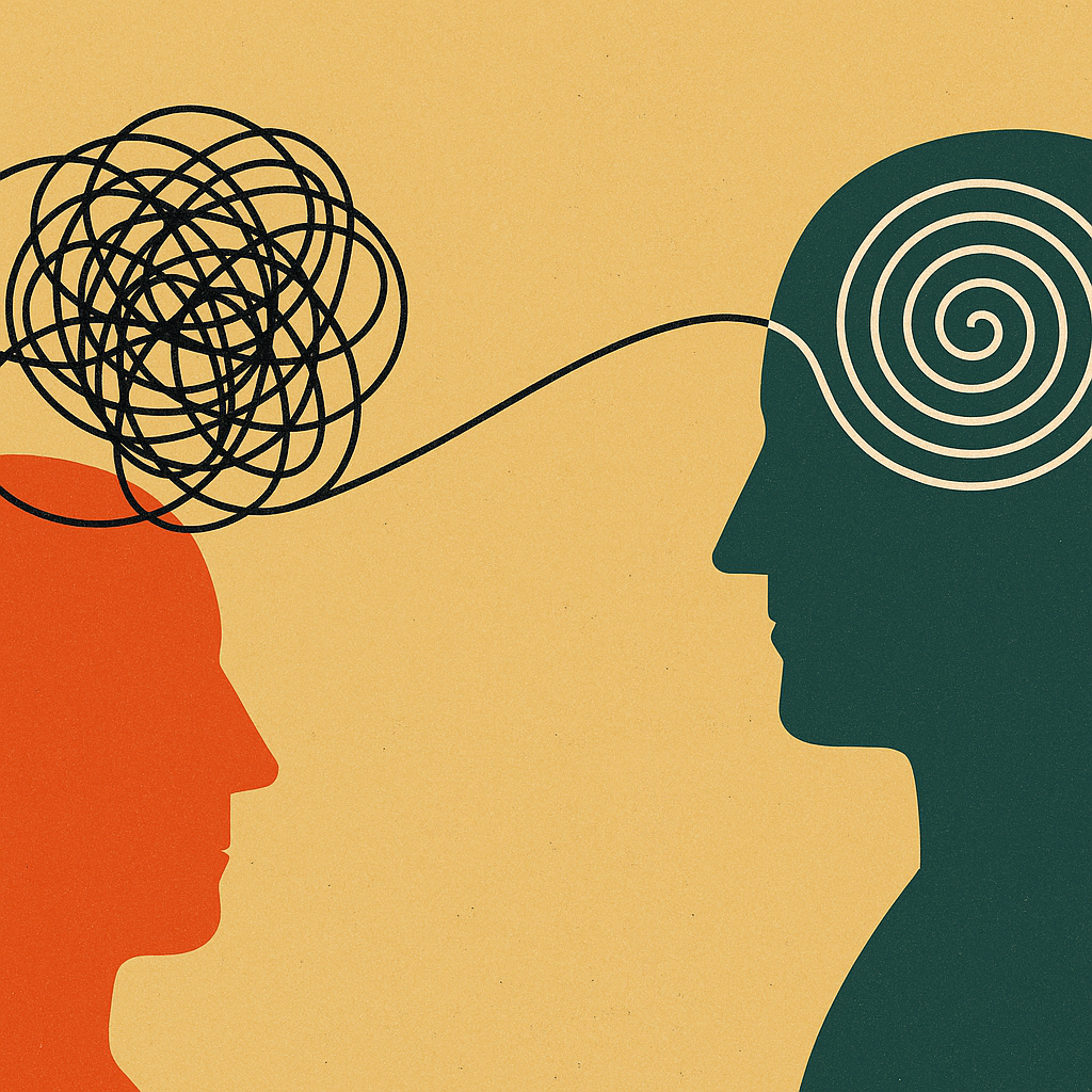 Abstract illustration of two faceless profiles, connected by a single line to depict miscommunication that challenge your process of finding a business broker. 